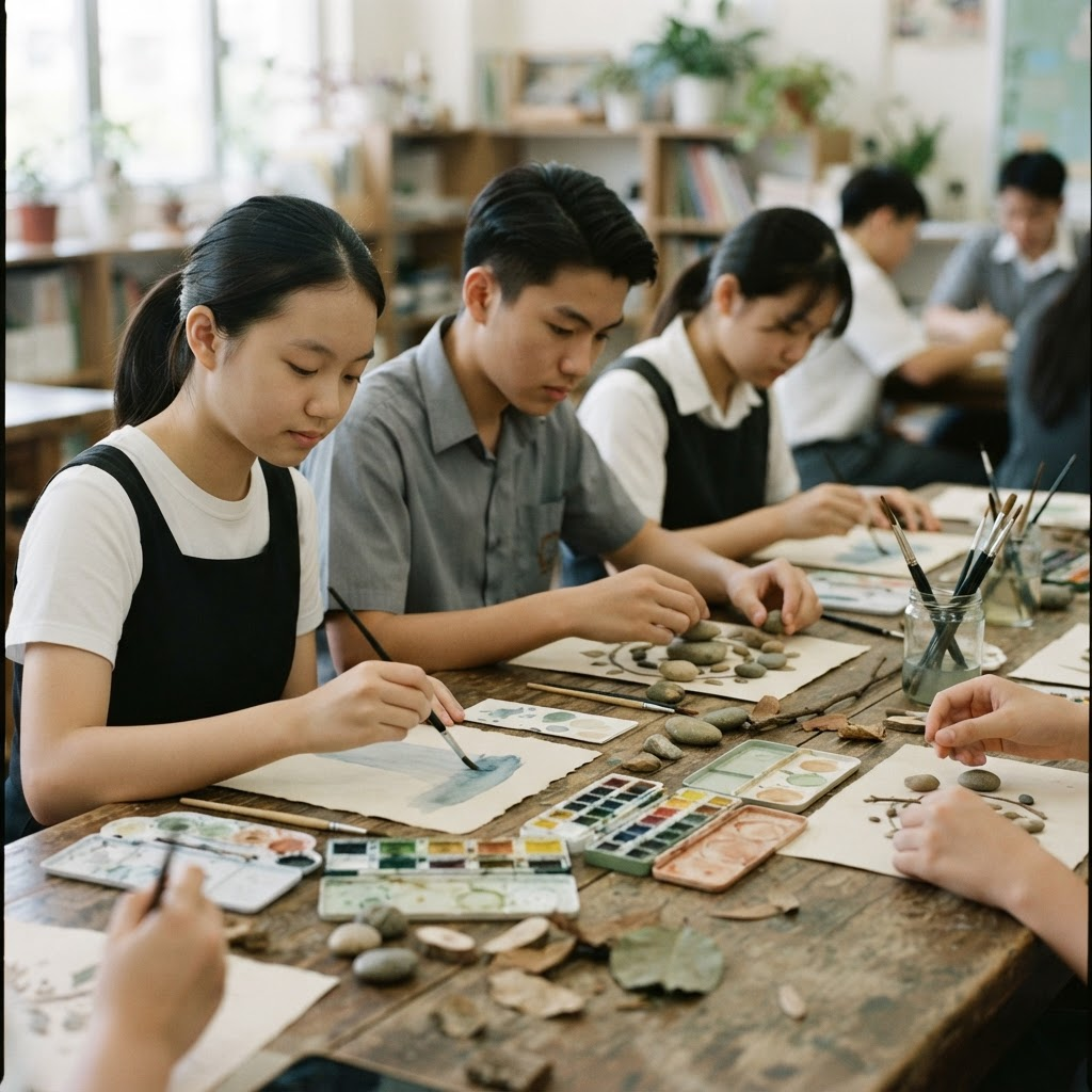 亞洲中學生進行靜觀感官體驗與表達藝術創作,雙手在木桌上繪畫的特寫