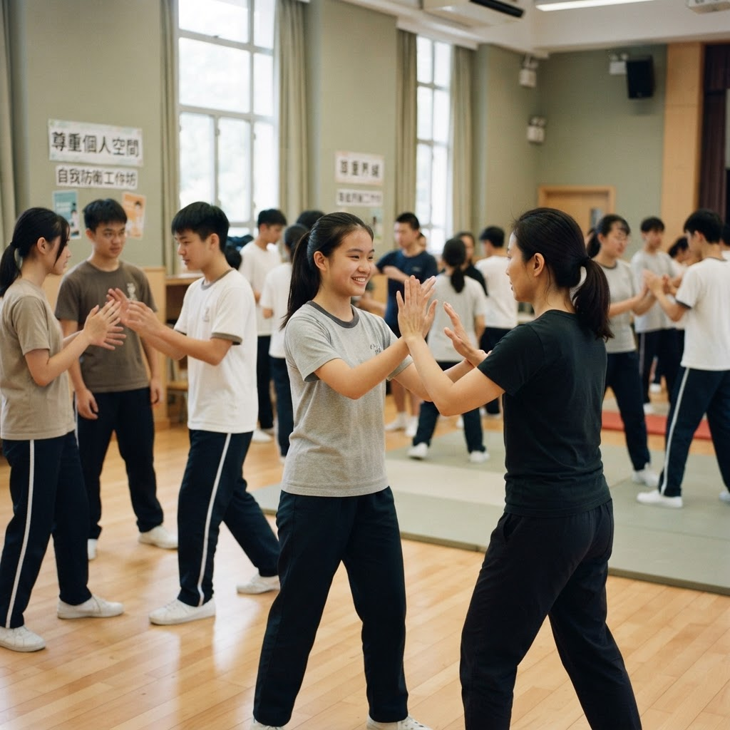 亞洲青少年在校園禮堂進行防身術與體適能互動活動,練習個人空間界線